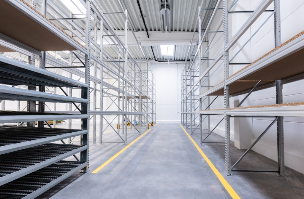 A wide aisle between tall shelves filled with pallets in a temporary storage building.